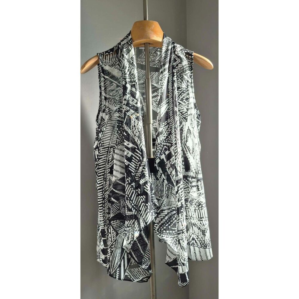 Susan Graver Sheer Chiffon Open Front Vest Women’s M Black White Tribal Print